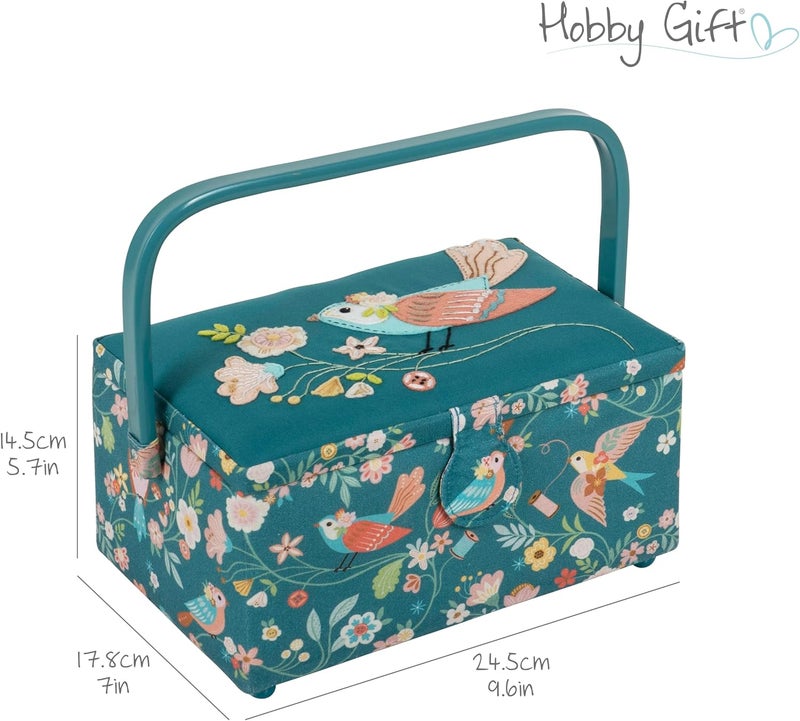 Hobby Gift Medium Sewing Box - Craft & Hobby Storage, Accessories Tray Pin Cushion Pocket PVC Handle Embroidered Lid, 9.6 x 7 x 5.7 - Bird Aviary - Image 4